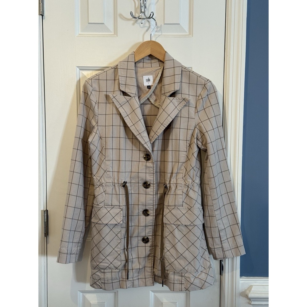 Cabi Windowpane Utility Jacket Preppy Pockets Drawstring Waist Beige Tan S